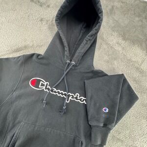 Champion Reverse Weave Black Hoodie Sweatshirt Logo Spellout Men's Small